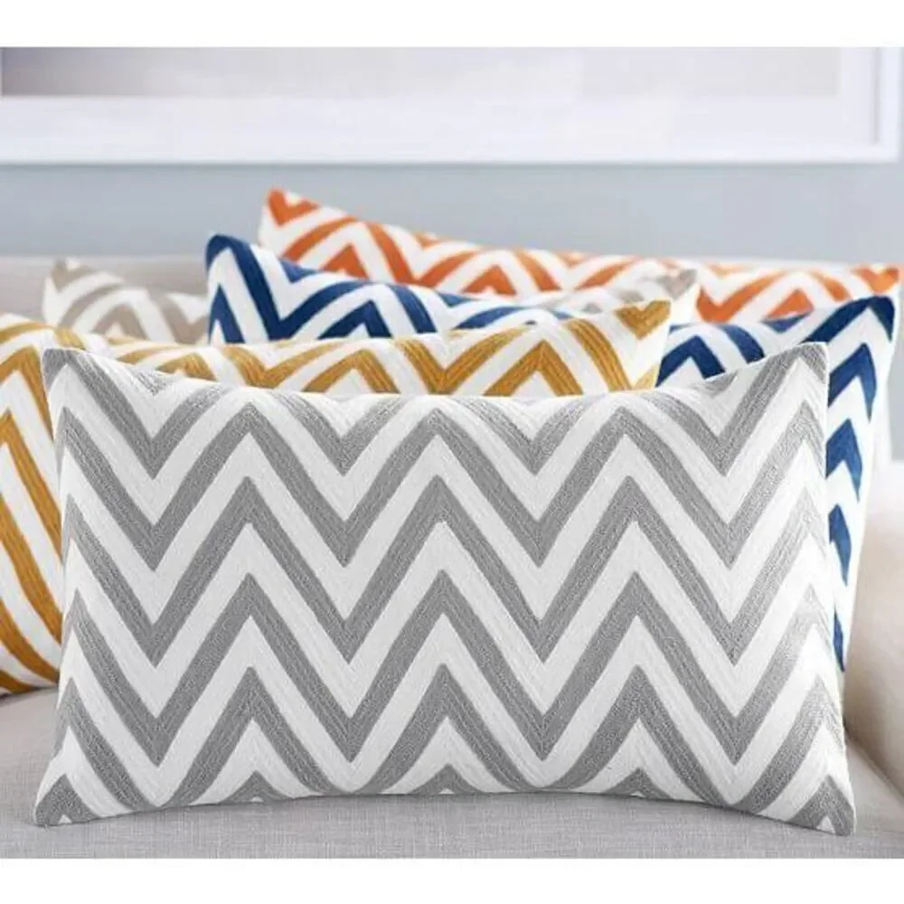 Pottery Barn Chevron Crewel Embroidered Lumbar Pillow Cover Grey